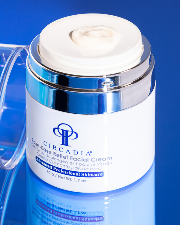 Rose-Ease Relief Facial Cream for rosacea treatment, a lightweight antimicrobial cream that supports barrier function and retains moisture, available at Pine Point Medical