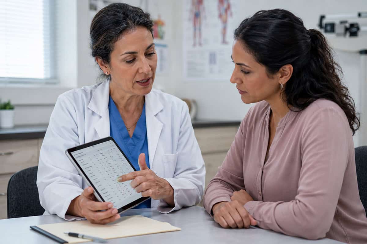 Primary care provider reviewing blood test results with a patient during a routine health visit