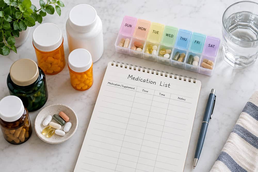Medication list with prescription bottles, vitamins, supplements, and a pill organizer on a table